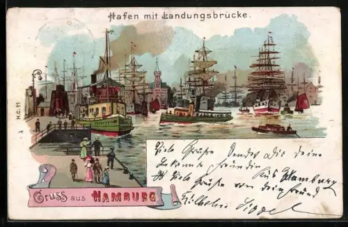 Lithographie Hamburg, Hafen, Landungsbrücke, Dampfer, Segelschiffe