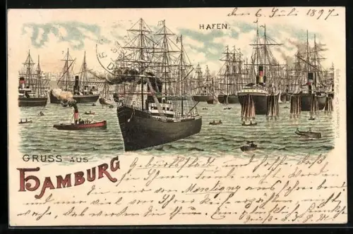 Lithographie Hamburg, Hochbetrieb im Hafen