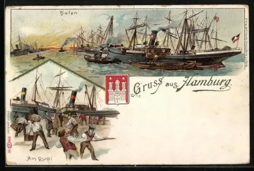 Lithographie Hamburg, Hafenpanorama, Quai, Stadtwappen