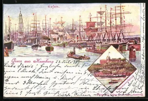 AK Hamburg, Hafen mit Segelschiffen und kleinen Dampfern, Semannshaus