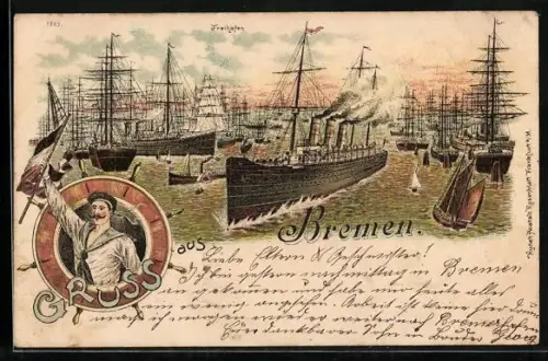 Lithographie Bremen, Schiffe im Freihafen