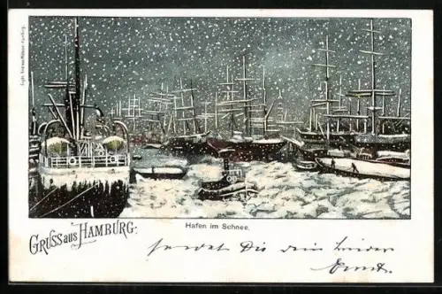 Lithographie Hamburg, Hafen im Schnee