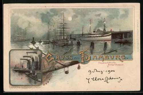 Lithographie Hamburg, Segelschiffhafen Amerikaquai, Krähne i. d. Sandthorquai