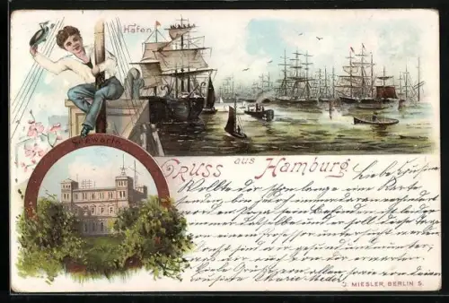 Lithographie Hamburg-St.Pauli, Hafen, Seewarte, Am Fahnenmast, Segelschiffe