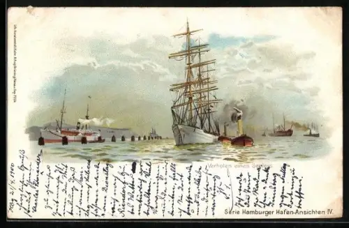 Künstler-AK Hamburg, Hafen, Verholen eines Seglers