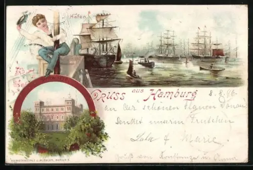 Lithographie Hamburg-St.Pauli, Hafen, Seewarte, Am Fahnenmast, Segelschiffe