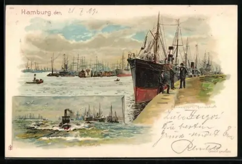 Lithographie Hamburg, Hafen bei Sturmflut, Afrikaquai und Hansahoft