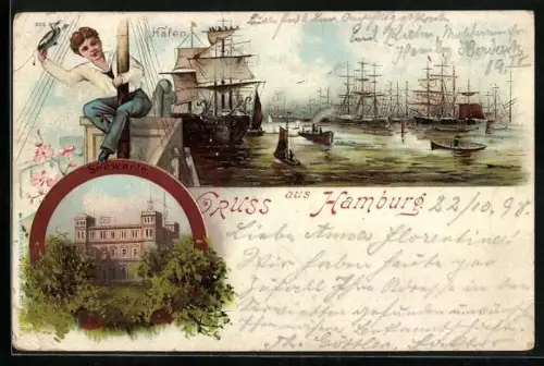 Lithographie Hamburg-St.Pauli, Hafen, Seewarte, Am Fahnenmast, Segelschiffe
