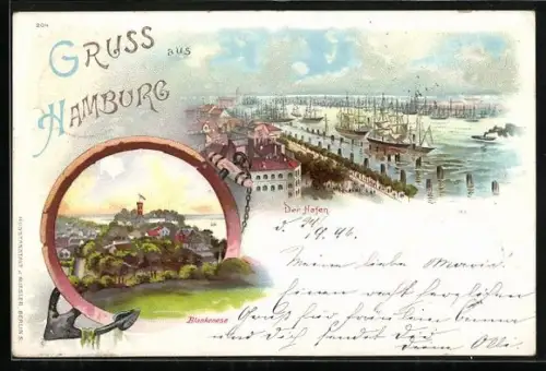 Lithographie Hamburg-Blankenese, viele Segelschiffe im Hafen, Ortstotale