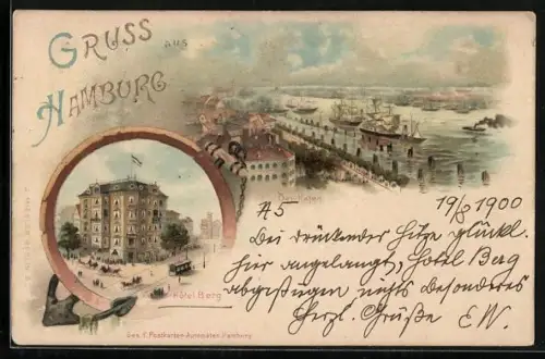 Lithographie Hamburg, Hotel Berg mit Strasse, Hafen mit Strasse aus der Vogelschau