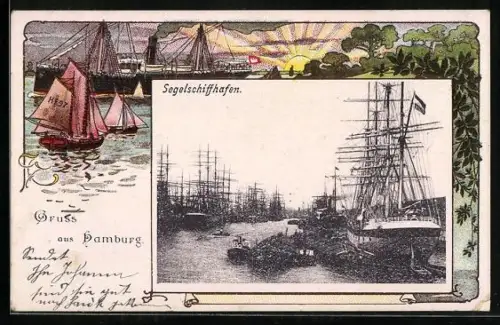 Passepartout-Lithographie Hamburg, Segelschiffe und Dampfer am Hafen bei Sonnenaufgang