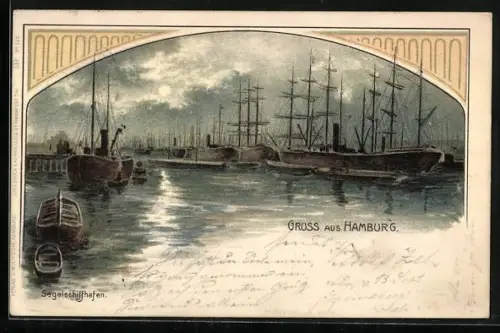 Lithographie Hamburg, Sicht auf den Segelschiffhafen