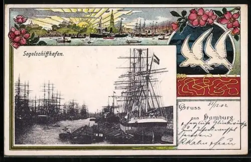 AK Hamburg, Segelschiffhafen mit festgemachten Segelschiffen, zwei weisse Möwen und aufgehende Sonne