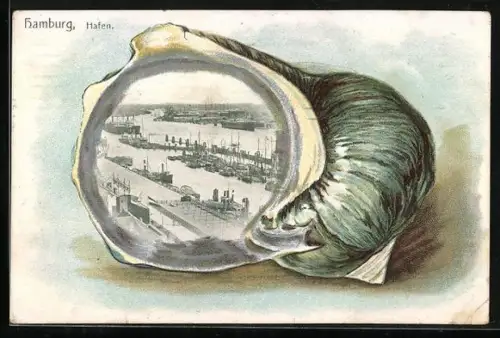 AK Hamburg, Ansicht vom Hafen in einer Muschel