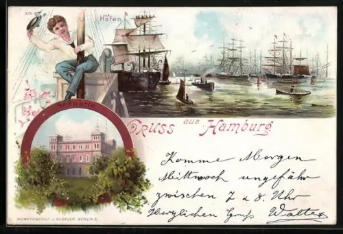 Lithographie Hamburg-St.Pauli, Hafen, Seewarte, Am Fahnenmast, Segelschiffe