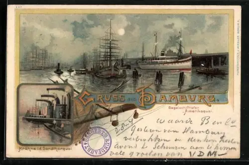 Lithographie Hamburg, Segelschiffhafen Amerikaquai, Krähne i. d. Sandthorquai