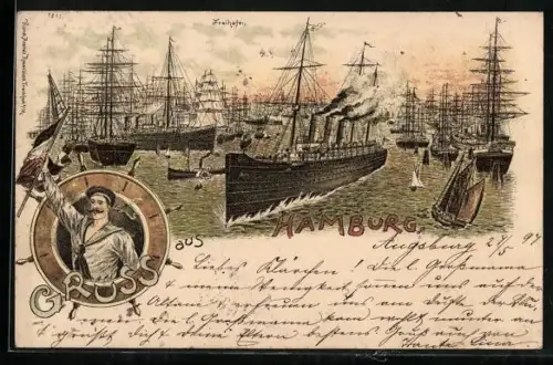 Lithographie Hamburg, Gruss mit Hafenansicht