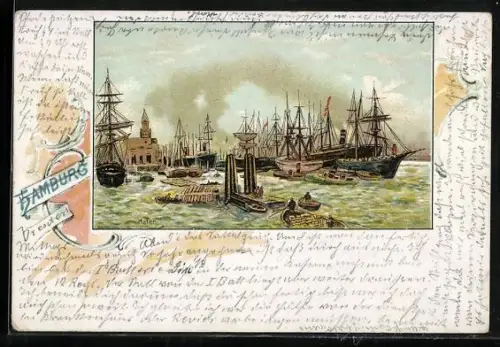 Lithographie Hamburg, Hafen mit Segelschiffen, Barkassen und Leichtern
