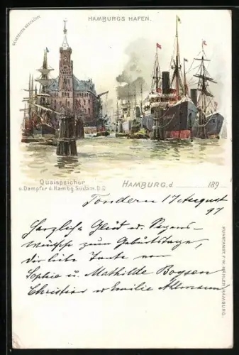 Lithographie Hamburg, Hafen, Quaispeicher u. Dampfer d. Hamburg-Südamerika DG, Segelschiffe