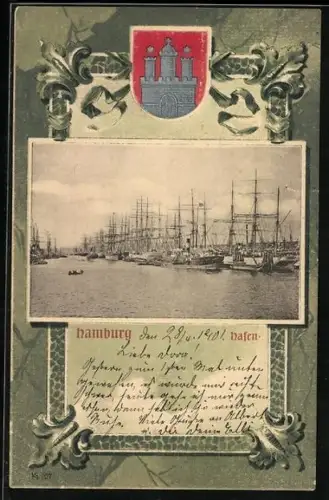 Passepartout-Lithographie Hamburg, Segelschiffe im Hafen, Wappen