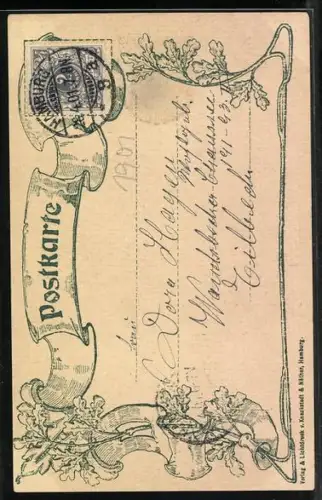 Passepartout-Lithographie Hamburg, Segelschiffe im Hafen, Wappen