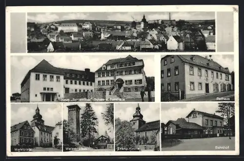 AK Stammbach, Bahnhof, Neue Schlemmerschule, Turnhalle, Rathaus, Restaurant Weissenstein, Marktplatz