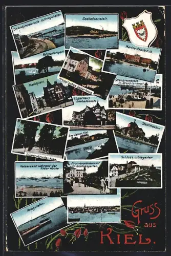 AK Kiel, Sechzehn Ansichten aus der Stadt mit Wappen