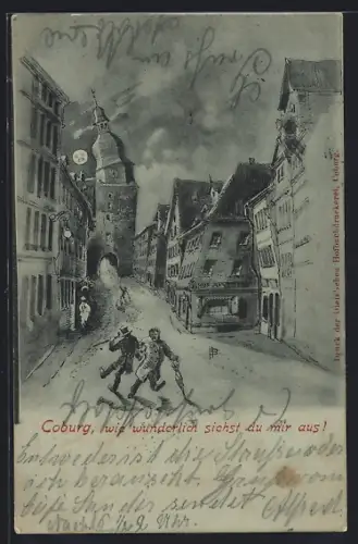 Wirtshaus-AK Coburg, Strassenpartie bei Mondschein aus der Sicht eines Betrunkenen