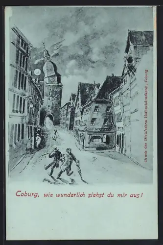 Wirtshaus-AK Coburg, Strassenpartie bei Mondschein aus der Sicht eines Betrunkenen