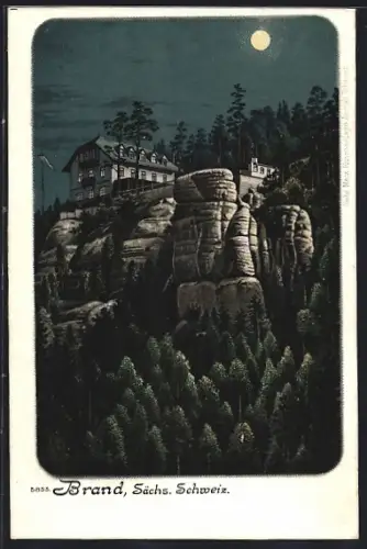 Lithographie Brand / Sächs. Schweiz, Gasthaus bei Nacht