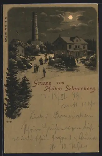 Mondschein-Lithographie Eulau, Hoher Schneeberg, Gasthaus mit Aussichtsturm