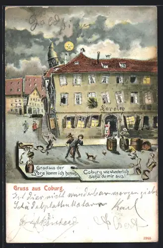 Wirtshaus-AK Coburg, Gasthaus Loreley aus der Sicht eines Betrunkenen