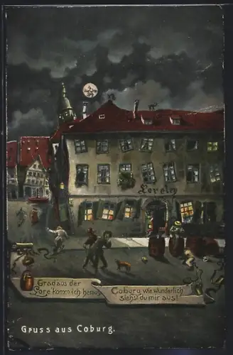 Wirtshaus-AK Coburg, Strassenpartie bei Mondschein aus der Sicht eines Betrunkenen
