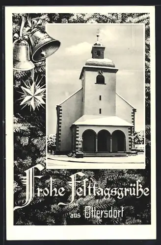 AK Ottersdorf bei Rastatt, Kirche im Schnee, Tanne mit Glocken, Festtagsgruss