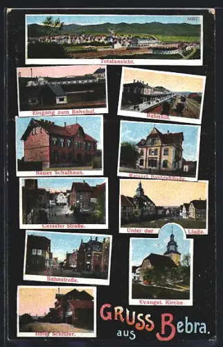 AK Bebra, Kaiserl. Postgebäude, Neues Schulhaus, Bahnhof