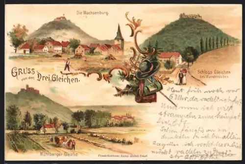 Lithographie Drei Gleichen, Die Wachsenburg, Mühlberger Gleich & Schloss Gleichen
