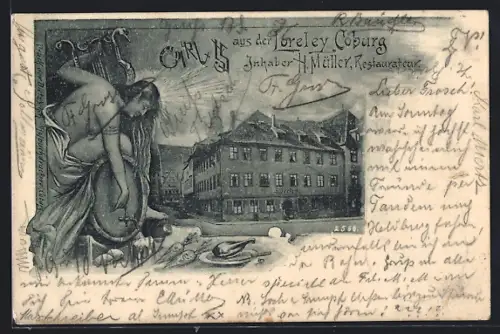 Lithographie Coburg, Gasthaus Loreley, Inh. H. Müller