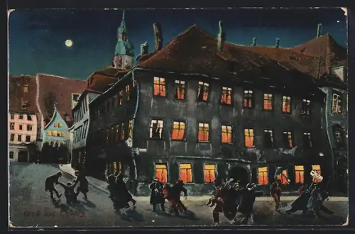 Wirtshaus-AK Coburg, Gasthaus Loreley aus der Sicht eines Betrunkenen