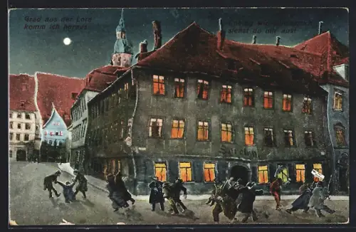 Wirtshaus-AK Coburg, Gasthaus Loreley aus der Sicht eines Betrunkenen