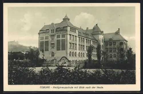 AK Coburg, Heiligkreuzschule mit Blick nach der Veste