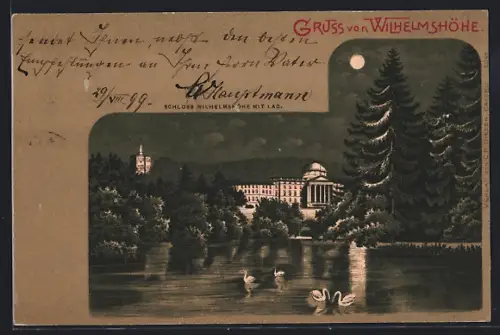 Lithographie Wilhelmshöhe, Schloss mit Teich