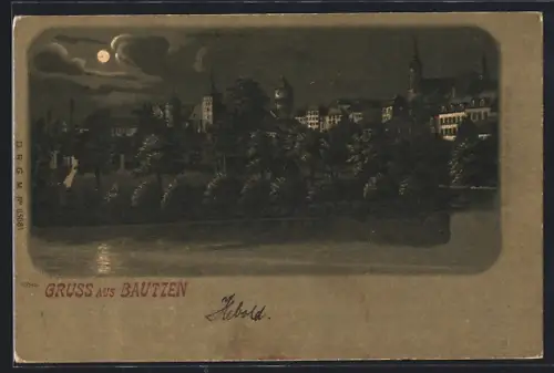 Lithographie Bautzen, Ortsansicht mit Teich