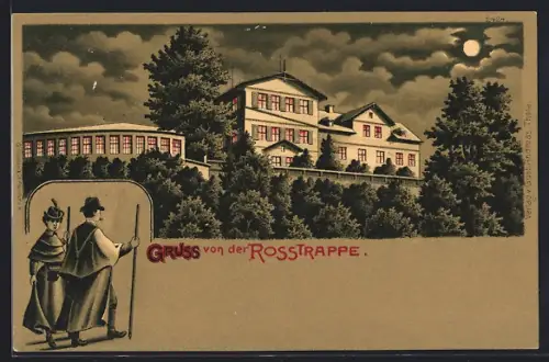 Mondschein-Lithographie Thale, Rosstrappe und Wanderer