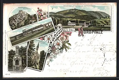 Lithographie Marnheim /Nordpfalz, Eisenbahnviadukt, Klosterruine Rosenthal, Königskreuz