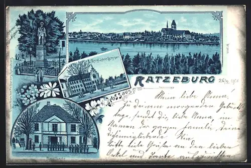 Lithographie Ratzeburg, Hauptwache, Kgl. Lehrerseminar, Denkmal Kaiser Wilhelm I.