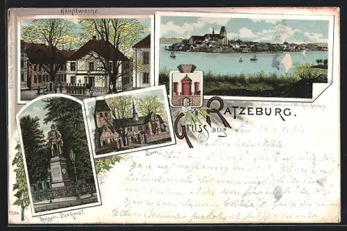 Lithographie Ratzeburg, Ortsansicht mit See, Hauptwache, Dom