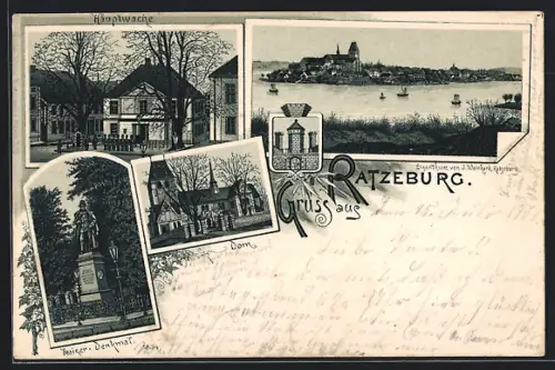 Lithographie Ratzeburg, Ortsansicht mit See, Hauptwache, Dom