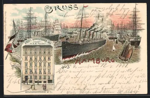 Lithographie Hamburg-Hammerbrook, Hotel Süddeutscher Hof in der Bergedorfer Str. 7, Hafen mit Dampfer