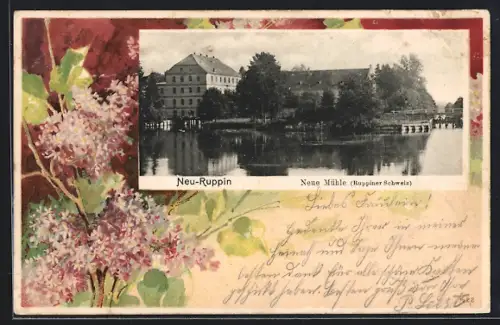 Lithographie Neu-Ruppin, Partie an der Neuen Mühle, florales Passepartout