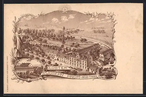 Lithographie Prüm /Trier, Kloster St. Joseph aus der Vogelschau